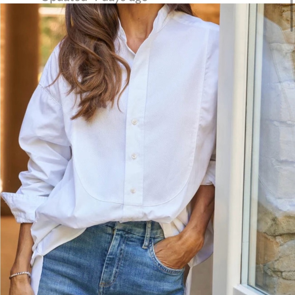 Frank & Eileen Victoria Collarless Button Down Tuxedo Shirt White